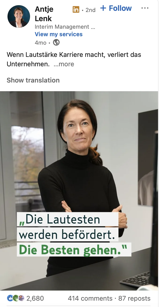 LinkedIn-Beitrag von Antje Lenk über Lautstärke und Karriere
